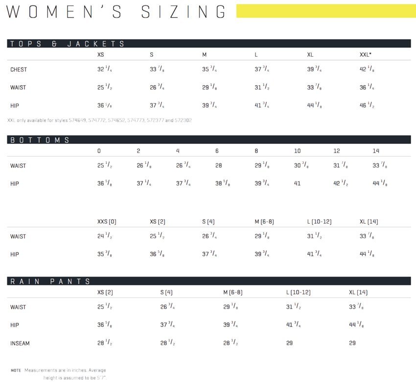 Puma Women Top & Btm Size Chart