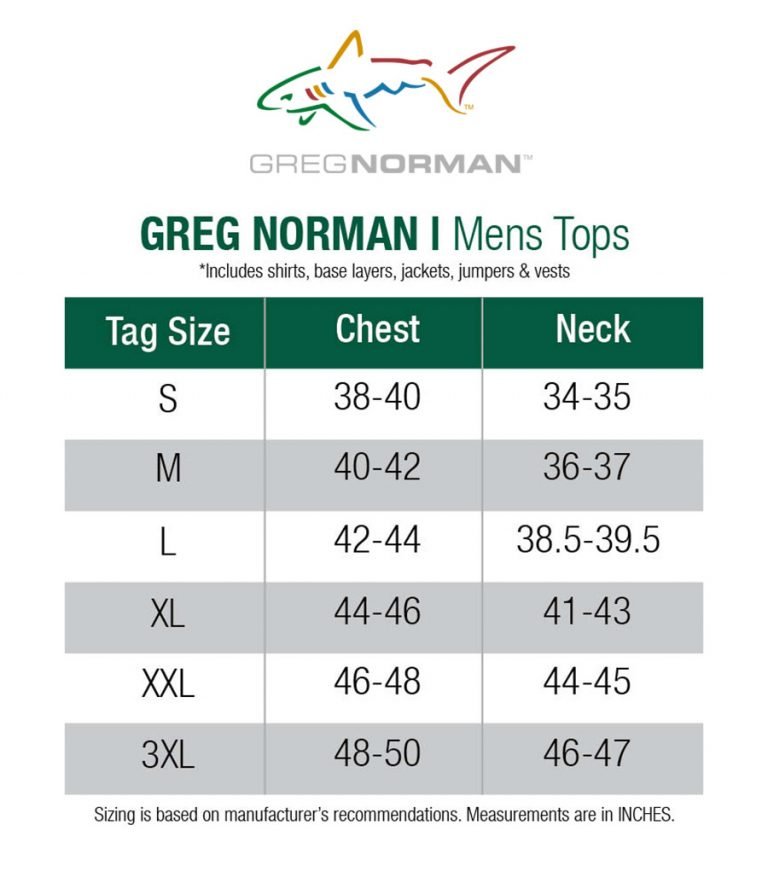 Greg Norman Men Top Size Chart